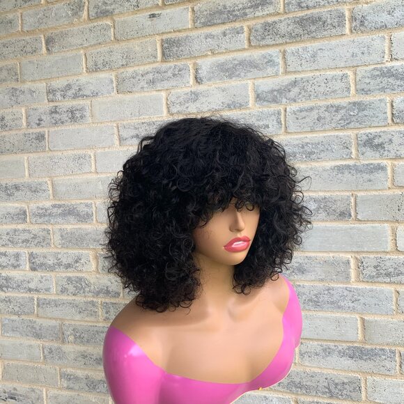 super double drawn curly raw hair wig with bangs